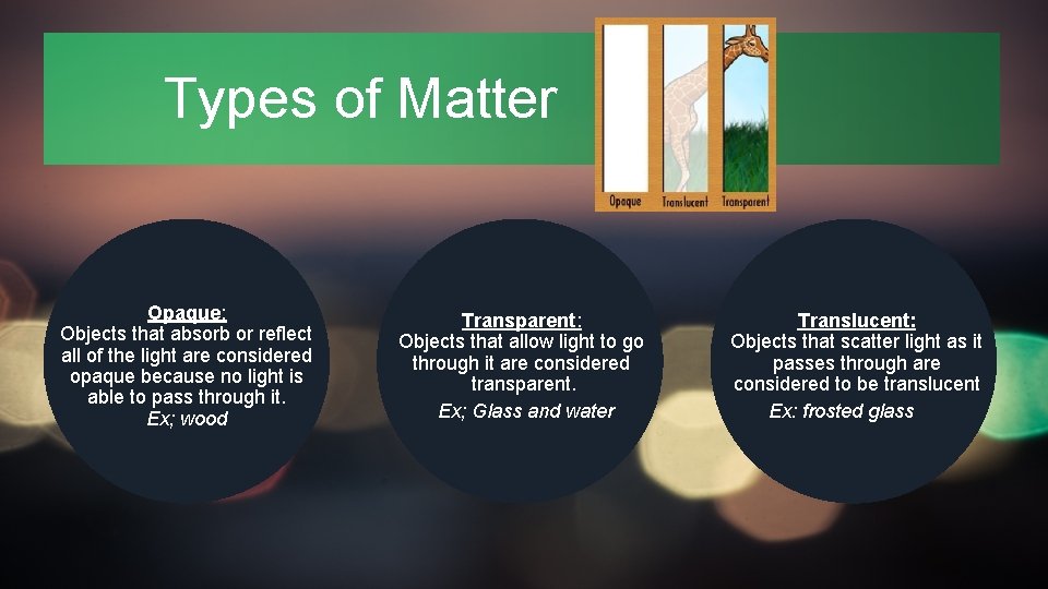 Types of Matter Opaque: Objects that absorb or reflect all of the light are
