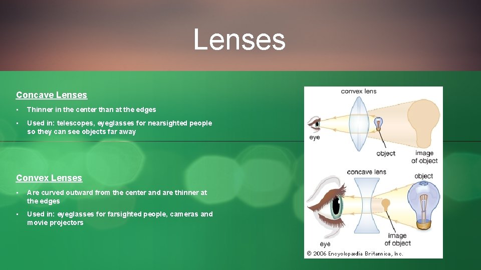Lenses Concave Lenses • Thinner in the center than at the edges • Used
