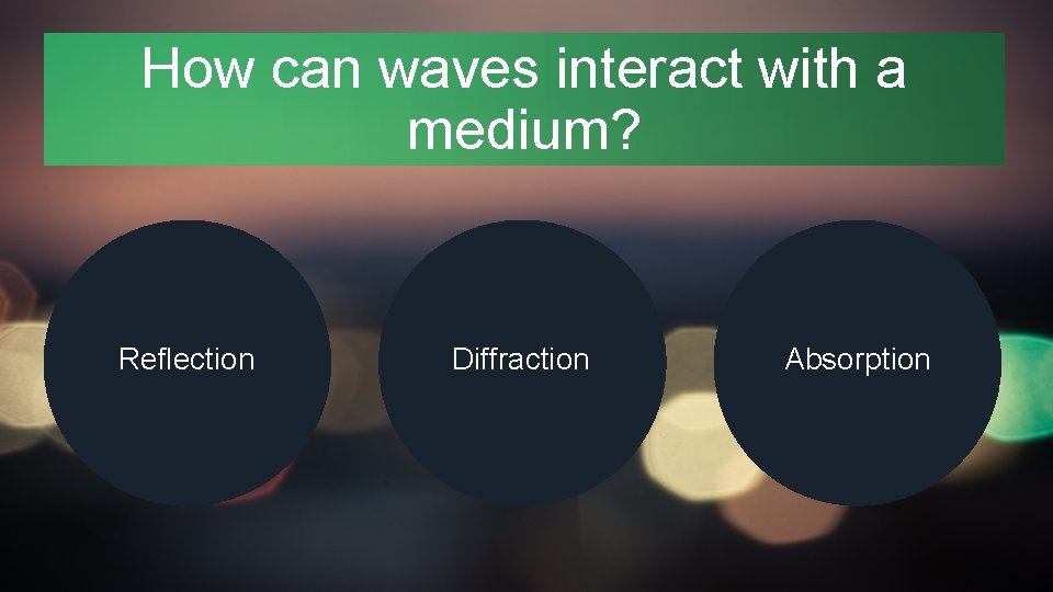 How can waves interact with a medium? Reflection Diffraction Absorption 