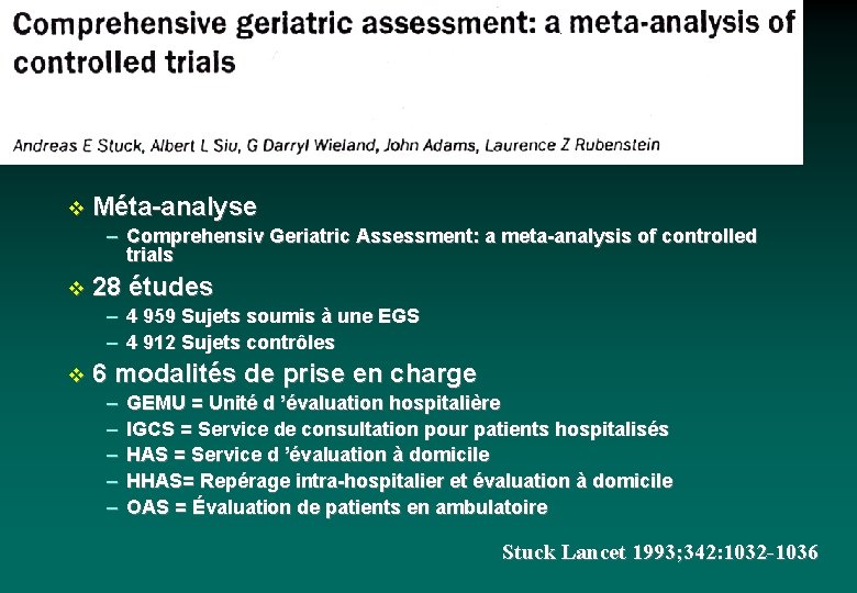 v Méta-analyse – Comprehensiv Geriatric Assessment: a meta-analysis of controlled trials v 28 études