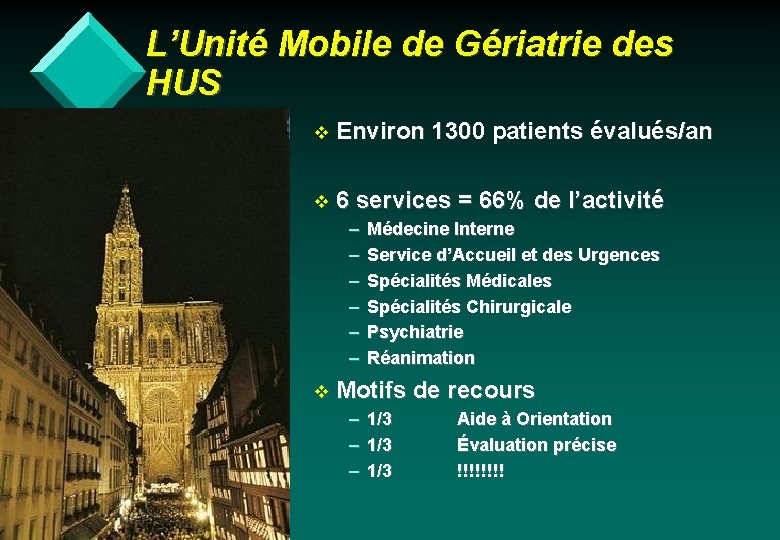 L’Unité Mobile de Gériatrie des HUS v Environ 1300 patients évalués/an v 6 services