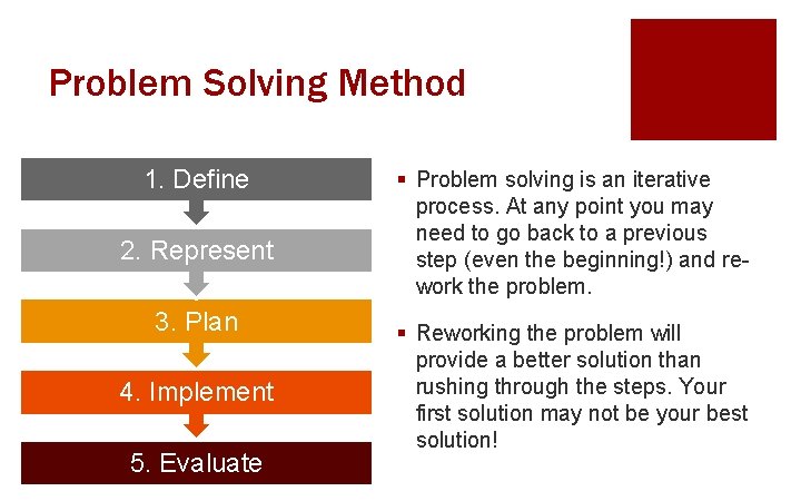 Problem Solving Method 1. Define 2. Represent 3. Plan 4. Implement 5. Evaluate §