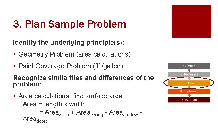 3. Plan Sample Problem Identify the underlying principle(s): § Geometry Problem (area calculations) §