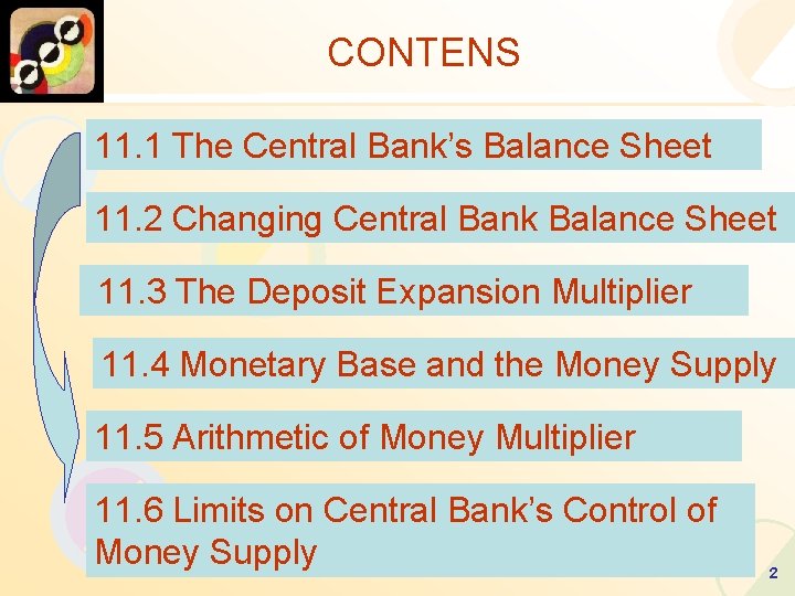 CONTENS 11. 1 The Central Bank’s Balance Sheet 11. 2 Changing Central Bank Balance