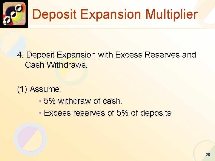 Deposit Expansion Multiplier 4. Deposit Expansion with Excess Reserves and Cash Withdraws. (1) Assume: