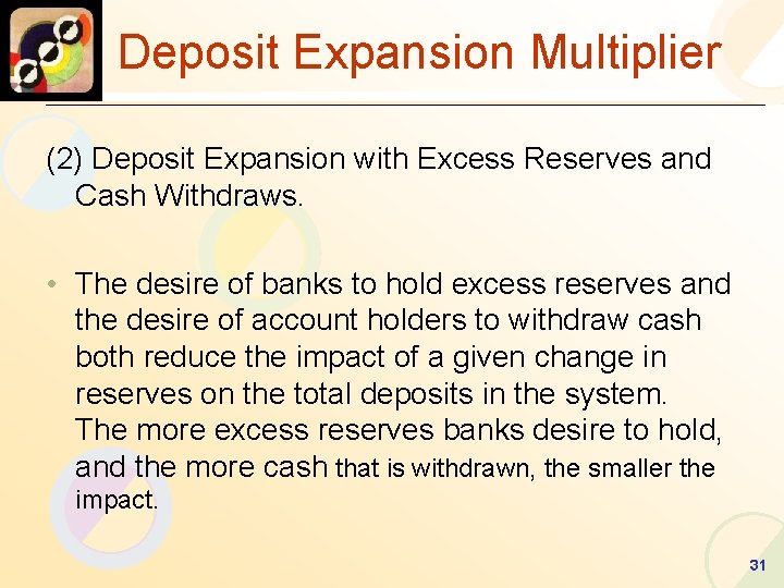 Deposit Expansion Multiplier (2) Deposit Expansion with Excess Reserves and Cash Withdraws. • The