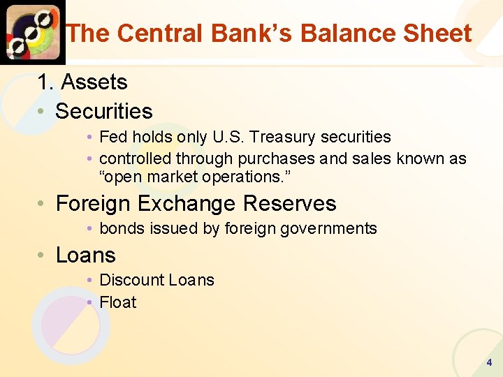 The Central Bank’s Balance Sheet 1. Assets • Securities • Fed holds only U.