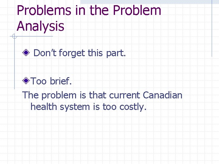 Problems in the Problem Analysis Don’t forget this part. Too brief. The problem is