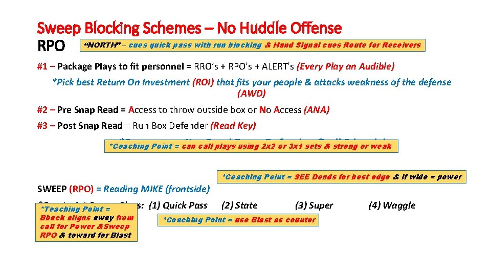 Sweep Blocking Schemes – No Huddle Offense RPO “NORTH” – cues quick pass with