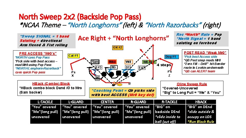 North Sweep 2 x 2 (Backside Pop Pass) *NCAA Theme – “North Longhorns” (left)