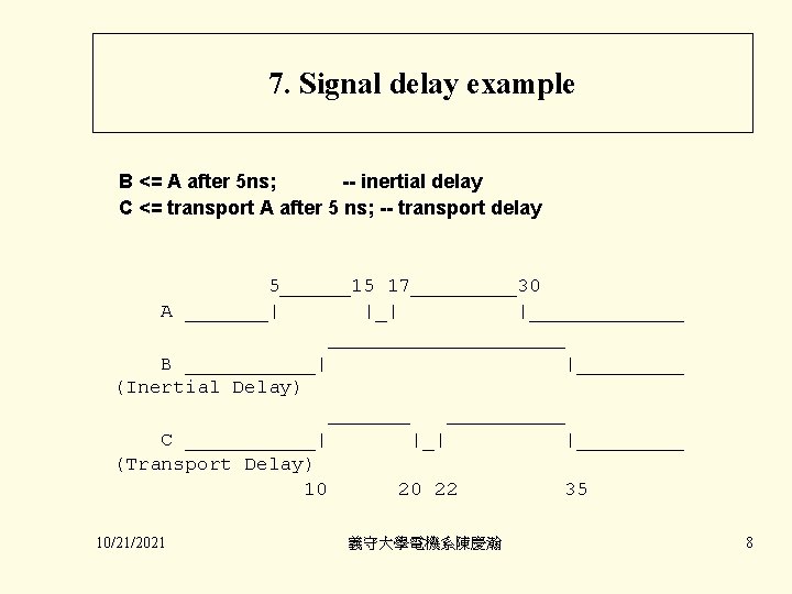 7. Signal delay example B <= A after 5 ns; -- inertial delay C