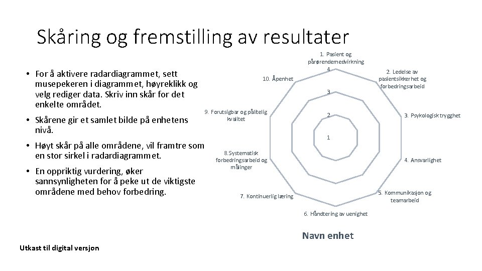 Skåring og fremstilling av resultater • For å aktivere radardiagrammet, sett musepekeren i diagrammet,