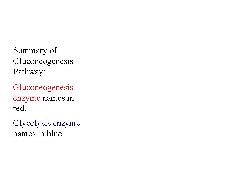 Summary of Gluconeogenesis Pathway: Gluconeogenesis enzyme names in red. Glycolysis enzyme names in blue.