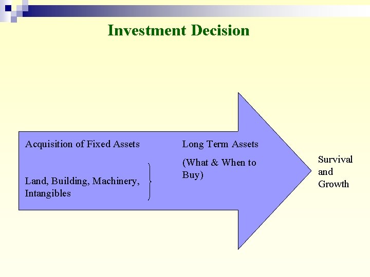 Investment Decision Acquisition of Fixed Assets Land, Building, Machinery, Intangibles Long Term Assets (What