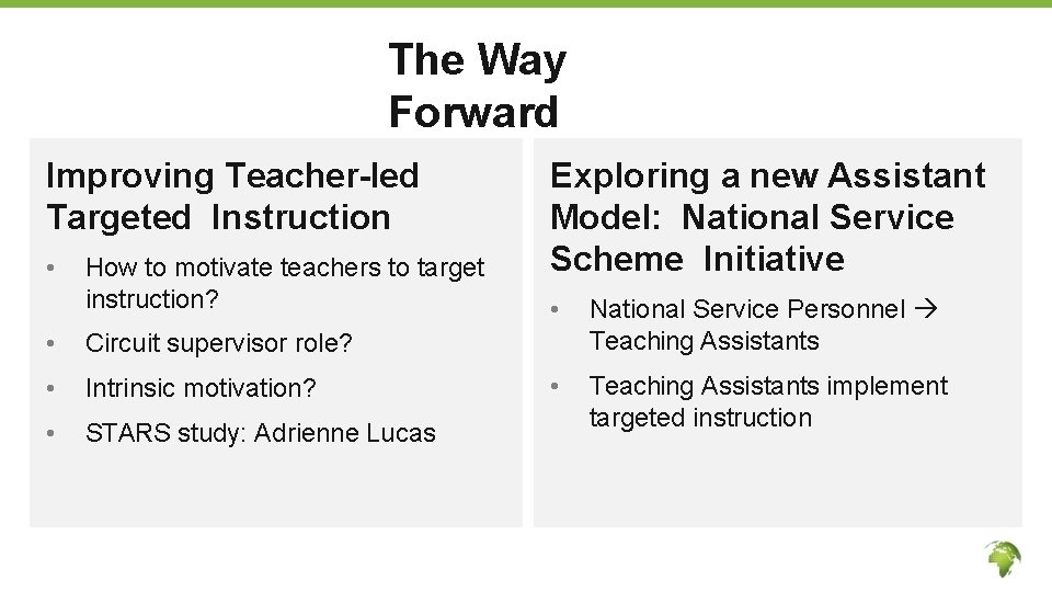 The Way Forward Improving Teacher-led Targeted Instruction • How to motivate teachers to target