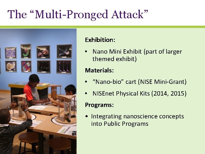 The “Multi-Pronged Attack” Exhibition: • Nano Mini Exhibit (part of larger themed exhibit) Materials: