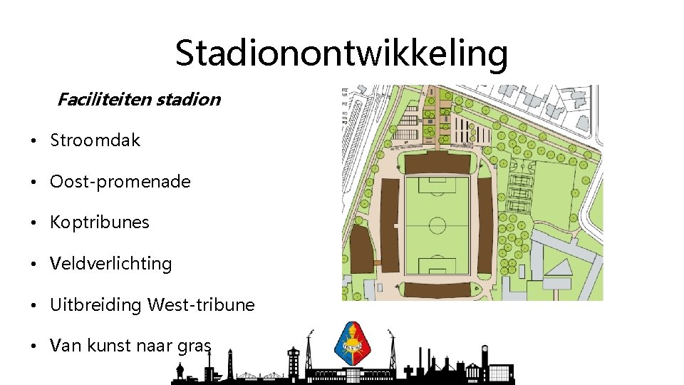 Stadionontwikkeling Faciliteiten stadion • Stroomdak • Oost-promenade • Koptribunes • Veldverlichting • Uitbreiding West-tribune