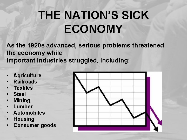 THE NATION’S SICK ECONOMY As the 1920 s advanced, serious problems threatened the economy
