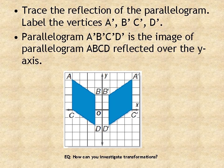  • Trace the reflection of the parallelogram. Label the vertices A’, B’ C’,