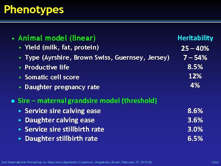 Phenotypes • Animal model (linear) • • • l Yield (milk, fat, protein) Type