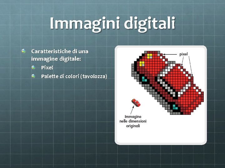 Immagini digitali Caratteristiche di una immagine digitale: Pixel Palette di colori (tavolozza) 