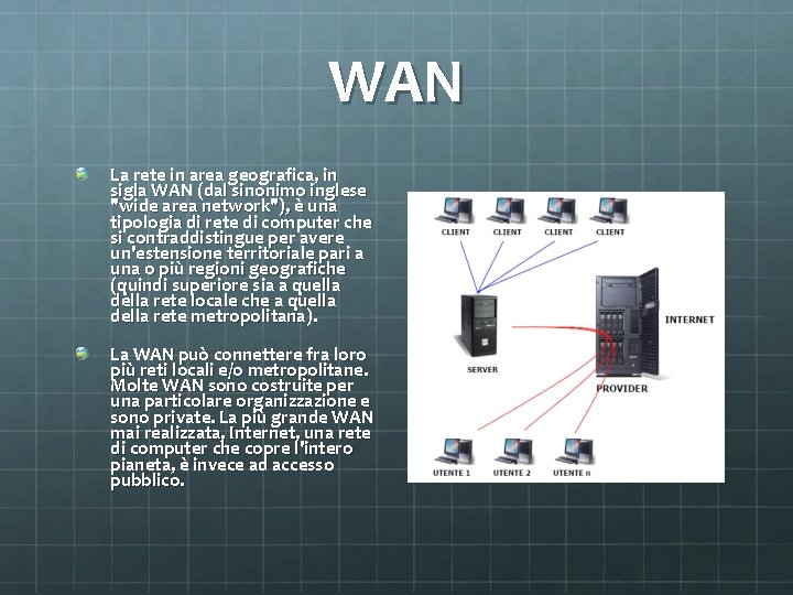 WAN La rete in area geografica, in sigla WAN (dal sinonimo inglese "wide area