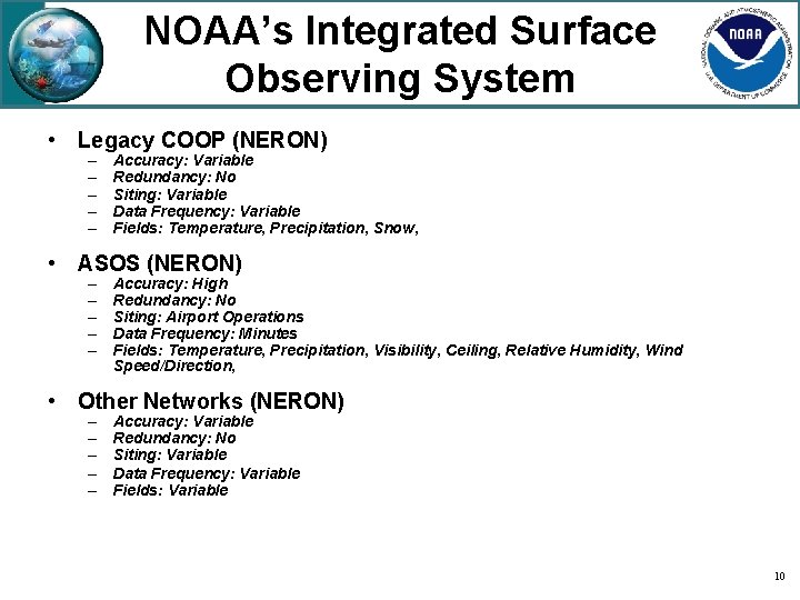 NOAA’s Integrated Surface Observing System • Legacy COOP (NERON) – – – Accuracy: Variable