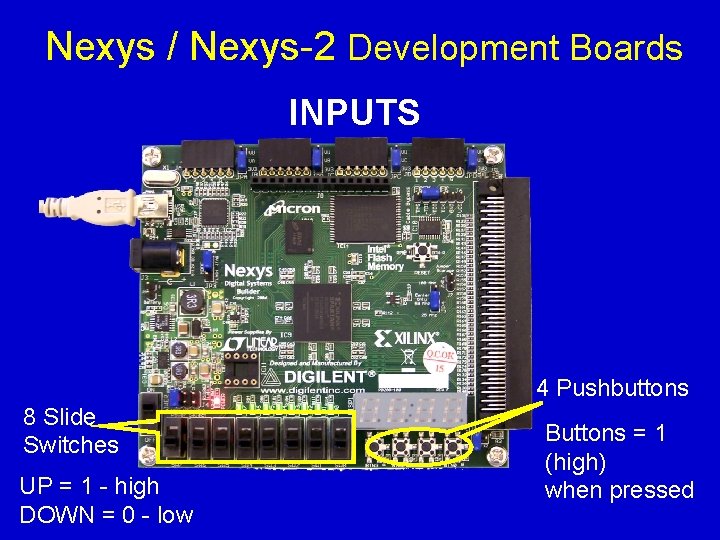 Nexys / Nexys-2 Development Boards INPUTS 4 Pushbuttons 8 Slide Switches UP = 1
