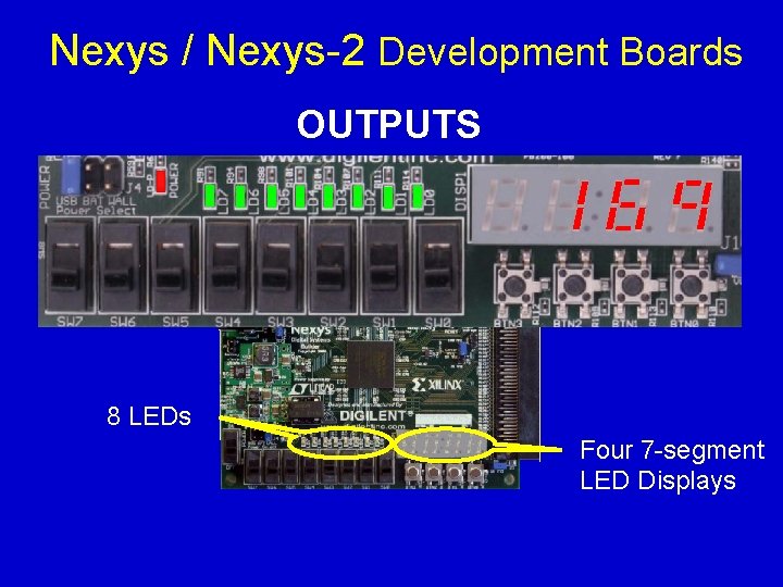 Nexys / Nexys-2 Development Boards OUTPUTS 8 LEDs Four 7 -segment LED Displays 