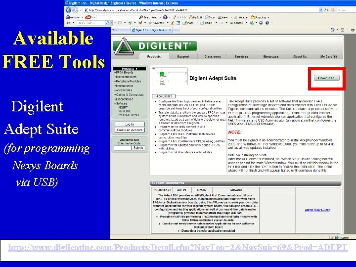 Available FREE Tools Digilent Adept Suite (for programming Nexys Boards via USB) http: //www.