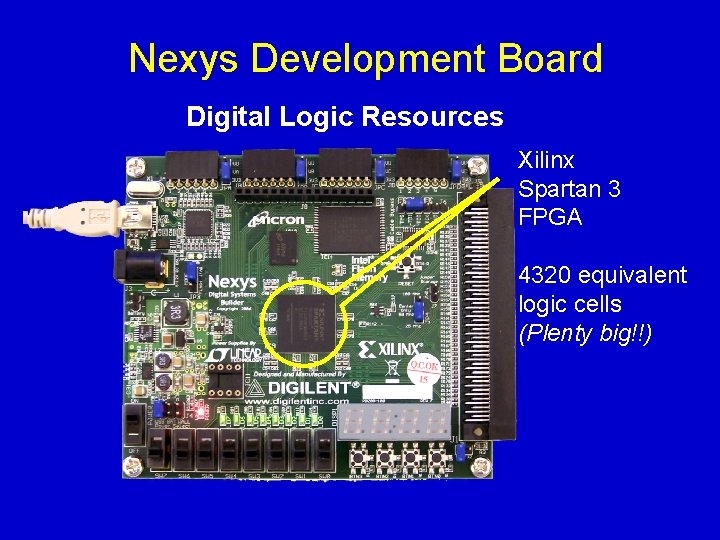 Nexys Development Board Digital Logic Resources Xilinx Spartan 3 FPGA 4320 equivalent logic cells