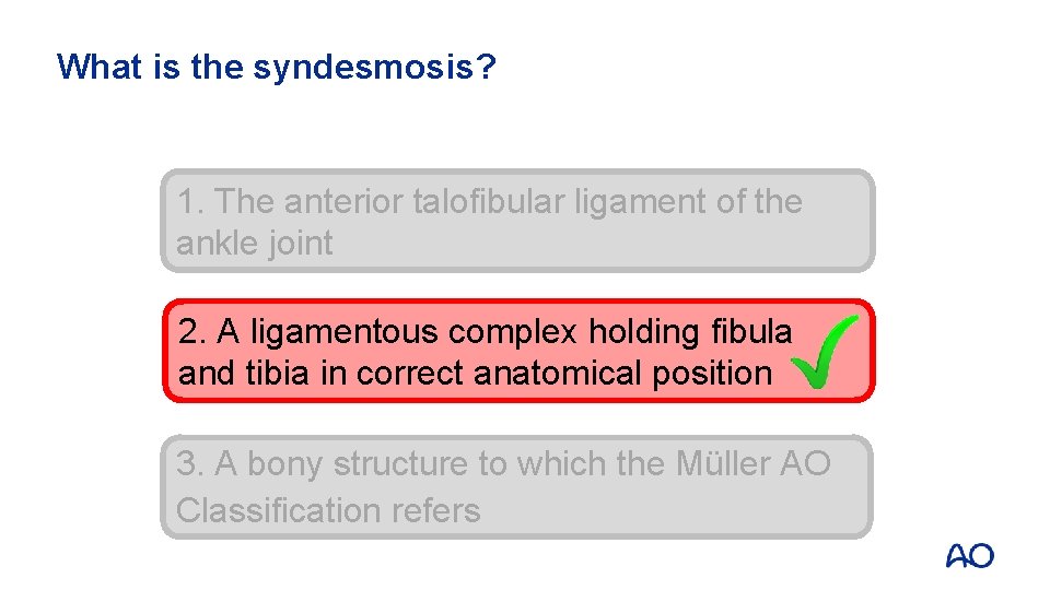 What is the syndesmosis? 1. The anterior talofibular ligament of the ankle joint 2.