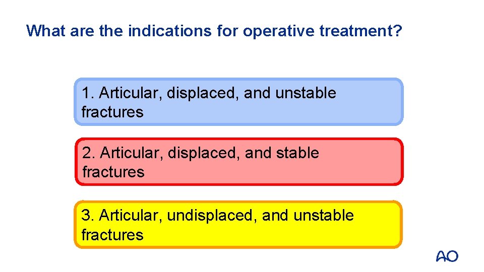 What are the indications for operative treatment? 1. Articular, displaced, and unstable fractures 2.