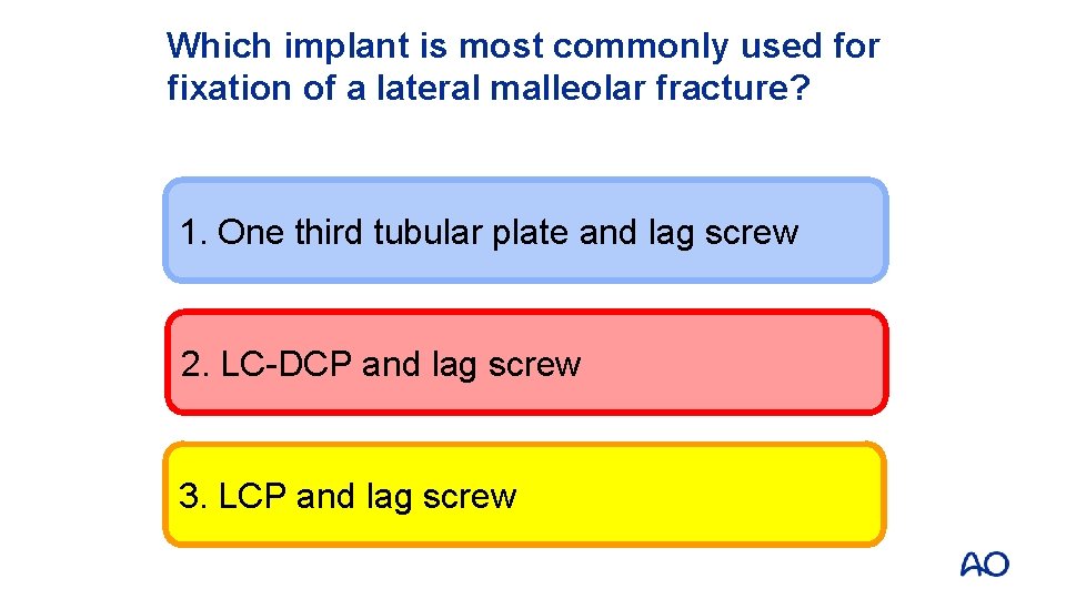 Which implant is most commonly used for fixation of a lateral malleolar fracture? 1.