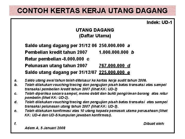 CONTOH KERTAS KERJA UTANG DAGANG Indek: UD-1 UTANG DAGANG (Daftar Utama) Saldo utang dagang