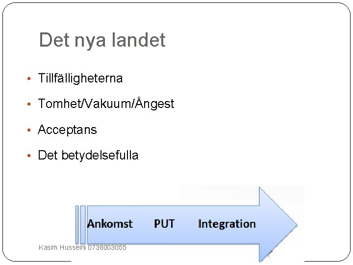 Det nya landet • Tillfälligheterna • Tomhet/Vakuum/Ångest • Acceptans • Det betydelsefulla Kasim Husseini