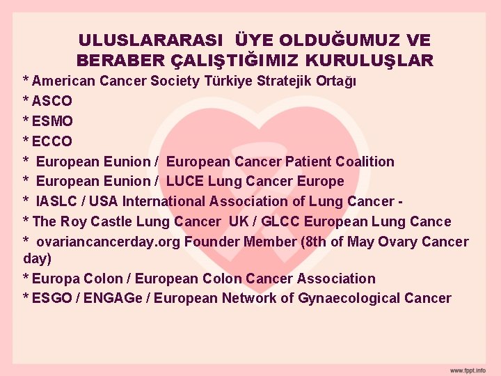 ULUSLARARASI ÜYE OLDUĞUMUZ VE BERABER ÇALIŞTIĞIMIZ KURULUŞLAR * American Cancer Society Türkiye Stratejik Ortağı