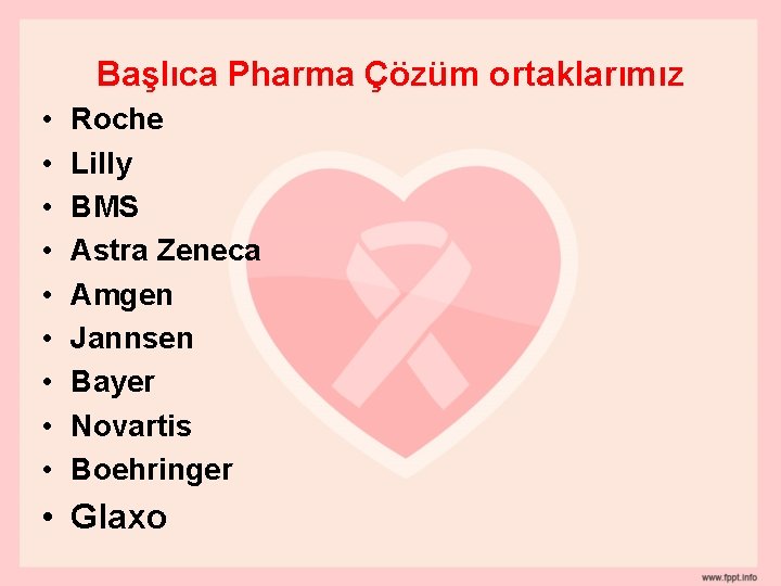 Başlıca Pharma Çözüm ortaklarımız • • • Roche Lilly BMS Astra Zeneca Amgen Jannsen