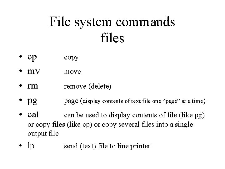 File system commands files • • • cp mv rm pg cat copy move