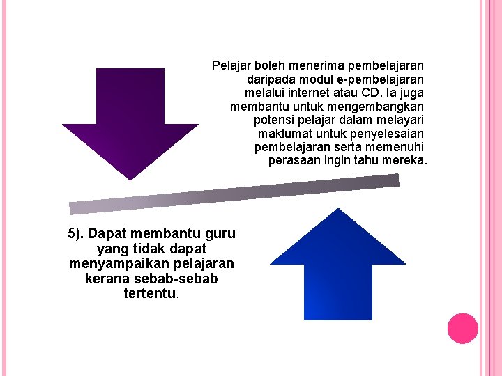 Pelajar boleh menerima pembelajaran daripada modul e-pembelajaran melalui internet atau CD. Ia juga membantu