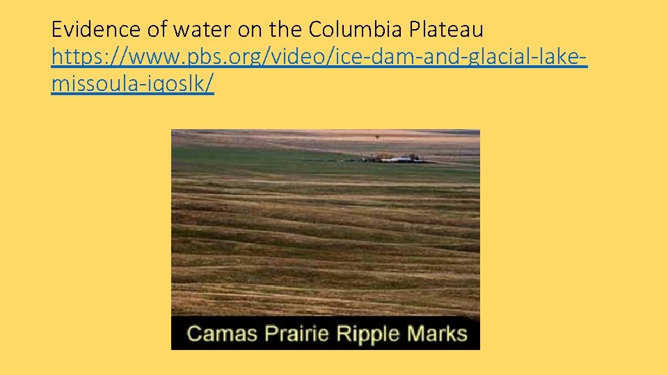 Evidence of water on the Columbia Plateau https: //www. pbs. org/video/ice-dam-and-glacial-lakemissoula-iqoslk/ 