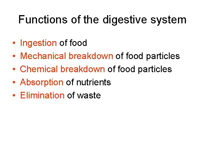 Functions of the digestive system • • • Ingestion of food Mechanical breakdown of