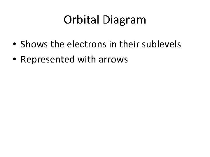 Orbital Diagram • Shows the electrons in their sublevels • Represented with arrows 
