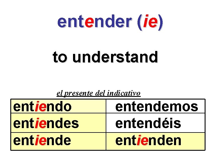 entender (ie) to understand el presente del indicativo entiendo ie entiendes ie entiende ie