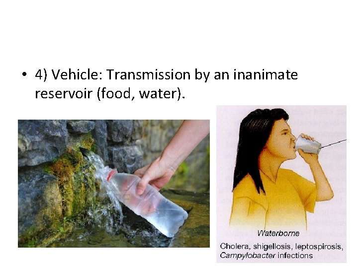  • 4) Vehicle: Transmission by an inanimate reservoir (food, water). 