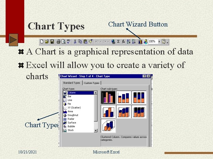Chart Types Chart Wizard Button A Chart is a graphical representation of data Excel