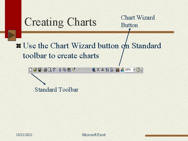 Creating Charts Chart Wizard Button Use the Chart Wizard button on Standard toolbar to