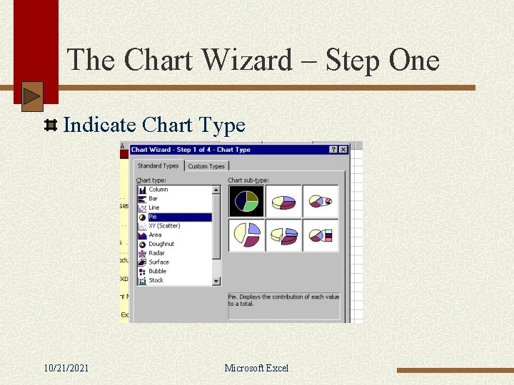 The Chart Wizard – Step One Indicate Chart Type 10/21/2021 Microsoft Excel 