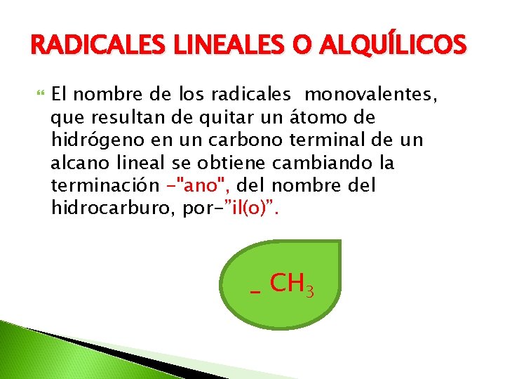 RADICALES LINEALES O ALQUÍLICOS El nombre de los radicales monovalentes, que resultan de quitar