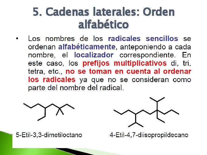 5. Cadenas laterales: Orden alfabético 